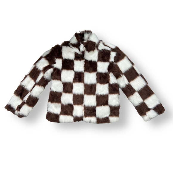 Brown Checkered Faux Fur Jacket Size Medium NWOT - Picture 5 of 8
